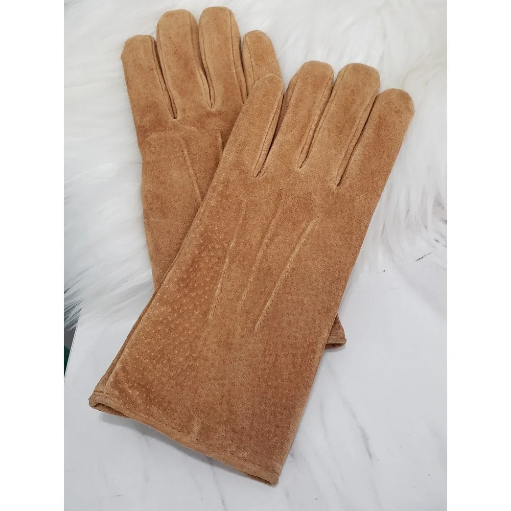 Vintage Camel Leather Camel Tan Aris Isotoner Fleece Line Leather Gloves Driving
